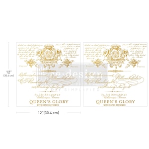 May include: Two 30.4 cm by 30.4 cm gold transfer sheets with a vintage design featuring a crest, script text, and the words "Queen's Glory with Oaths Affirmed".