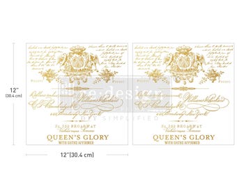 QUEEN'S GLORY - NEW! Redesign with Prima Rub on new Maxi Sized Transfer furniture decal - Gold Script Transfer - two 12" x 12" Sheets
