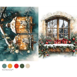 May include: Watercolour painting depicting a winter scene with a birdcage and a window. The birdcage is gold with an owl inside, surrounded by snow and greenery. The window has a stone frame, with Christmas decorations and wrapped gifts.