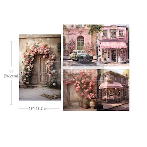 May include: A digital collage of four images featuring a pink storefront with a pink awning, a vintage car parked in front of a pink building, a doorway covered in pink roses, and a pink storefront with a pink awning and a flower pot.