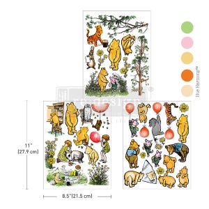 May include: Three sheets of Winnie the Pooh themed stickers. The stickers feature illustrations of Pooh, Piglet, Tigger, and other characters. The sheets measure 27.9 cm tall and 21.5 cm wide.