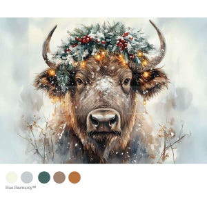 Peut inclure: Une peinture à l'aquarelle d'un taureau brun orné d'une couronne festive de verdure, de baies rouges et de guirlandes lumineuses. Le taureau est recouvert de neige, sur un fond doux et hivernal. L'œuvre évoque un thème de vacances ou de saison.