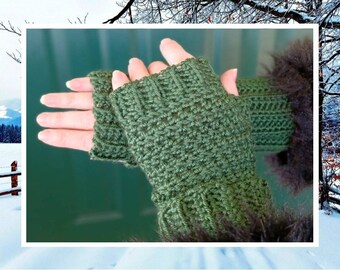 May include: A pair of green crocheted fingerless gloves with a textured stitch pattern.