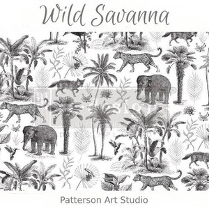 May include: Black and white illustration of a wild savanna scene with animals, trees, and plants. The illustration includes elephants, leopards, and a fox. The text "Wild Savanna" is at the top of the image. The text "Patterson Art Studio" is at the bottom of the image.