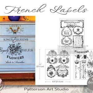 New! FRENCH LABELS - Redesign with Prima Rub on Mid Sized Middy Transfer for furniture decal  - French Labels - Three 8.5" x 11" Sheets