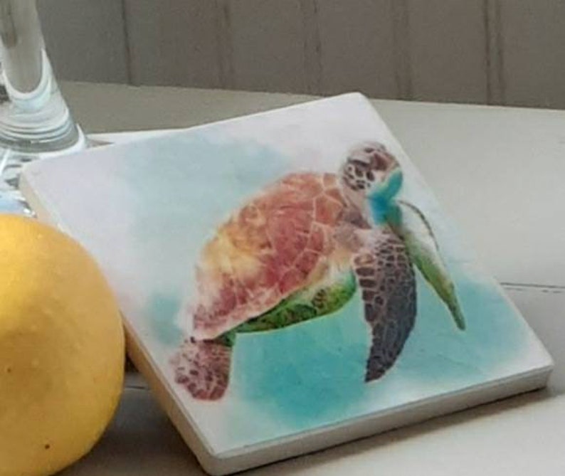 Featuring Original Patterson Art Studio Artwork handmade from stone and cork Ready to ship. Coasters set of 4 stone Sea Turtle coasters