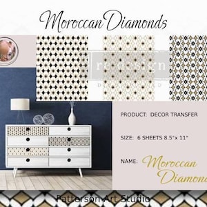 Nouveau ! DIAMANTS MAROCAINS - Redesign avec Prima Rub sur un transfert de taille moyenne pour décalcomanie de meubles - Diamants marocains - Trois feuilles de 8,5 x 11 po