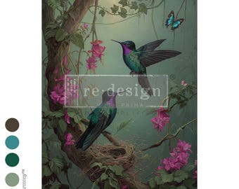 Hummingbird Floral Decoupage Fiber Paper –The Iridescent Interval –  Redesign With Prima - 19.5″x30″ - 1 sheet.