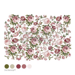 May include: A digital paper featuring a floral pattern with pink and white roses, green leaves, and small pink flowers on a white background.