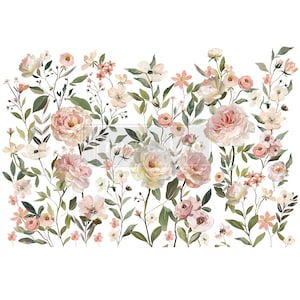 May include: A floral design featuring a variety of flowers in shades of pink, peach, and white, with green leaves and stems. The arrangement includes roses, smaller blossoms, and delicate sprigs, all set against a white background.