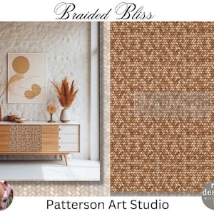 May include: A wooden dresser with a light wood finish and white drawers. The dresser has a woven pattern on the front of the middle drawer. The dresser is in front of a white wall with a beige textured background. There is a vase with dried pampas grass on the dresser. There is a framed print on the wall above the dresser. The print has a beige background with a circle design in shades of brown. The text "Braided Bliss" is at the top of the image. The text "Patterson Art Studio" is at the bottom of the image.