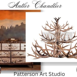 Lustre en bois de cervidé - Nouveau ! - Refonte du design avec la décoration de la cabine du ranch du pavillon de chasse Prima - Transfert de décorations - Lustre en bois de cervidé - 61 x 35 cm