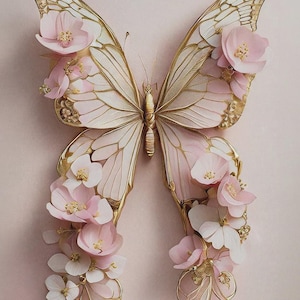 May include: A decorative butterfly with white and gold wings, decorated with pink and white flowers. The butterfly's body is gold, and the wings have intricate details. The flowers have gold accents, creating a delicate and elegant design.