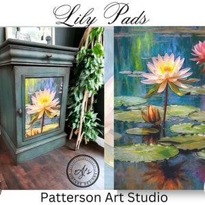 May include: A teal cabinet with a painted lily pad scene on the door. The cabinet has a drawer and is next to a painting of lily pads in a pond. The words "Lily Pads" are at the top.
