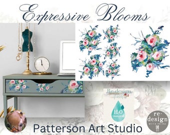 New! EXPRESSIVE BLOOMS - Redesign with Prima - H2O Transfer for Furniture Decor Decal  - Expressive Blooms - Two  8.5" x 11" Sheets