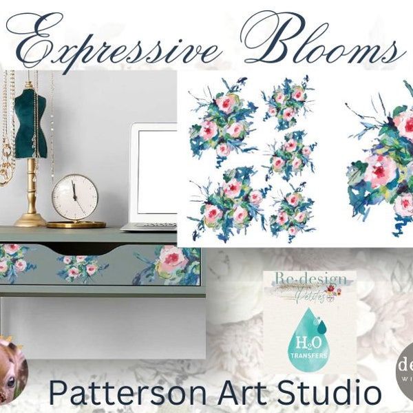 New! EXPRESSIVE BLOOMS - Redesign with Prima - H2O Transfer for Furniture Decor Decal  - Expressive Blooms - Two  8.5" x 11" Sheets