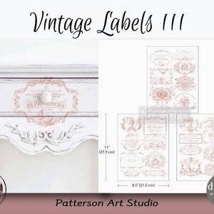 New! VINTAGE LABELS 3 - Redesign with Prima Rub on Mid Size Middy Transfer for furniture decal  - Vintage Labels 3 - (3) 8.5" x 11" Sheets