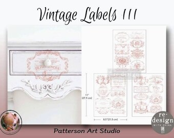 New! VINTAGE LABELS 3 - Redesign with Prima Rub on Mid Size Middy Transfer for furniture decal  - Vintage Labels 3 - (3) 8.5" x 11" Sheets