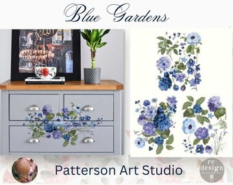 New! BLUE GARDENS - Redesign with Prima - Rub on Floral Middy Transfer for furniture decal  - Blue Gardens - Three  8.5" x 11" Sheets