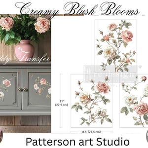 CREAMY BLUSH BLOOMS - New Redesign with Prima Rub on Mid Sized Middy Furniture Decor Transfer - Rose Floral Decal - Three 8.5" x 11" Sheets