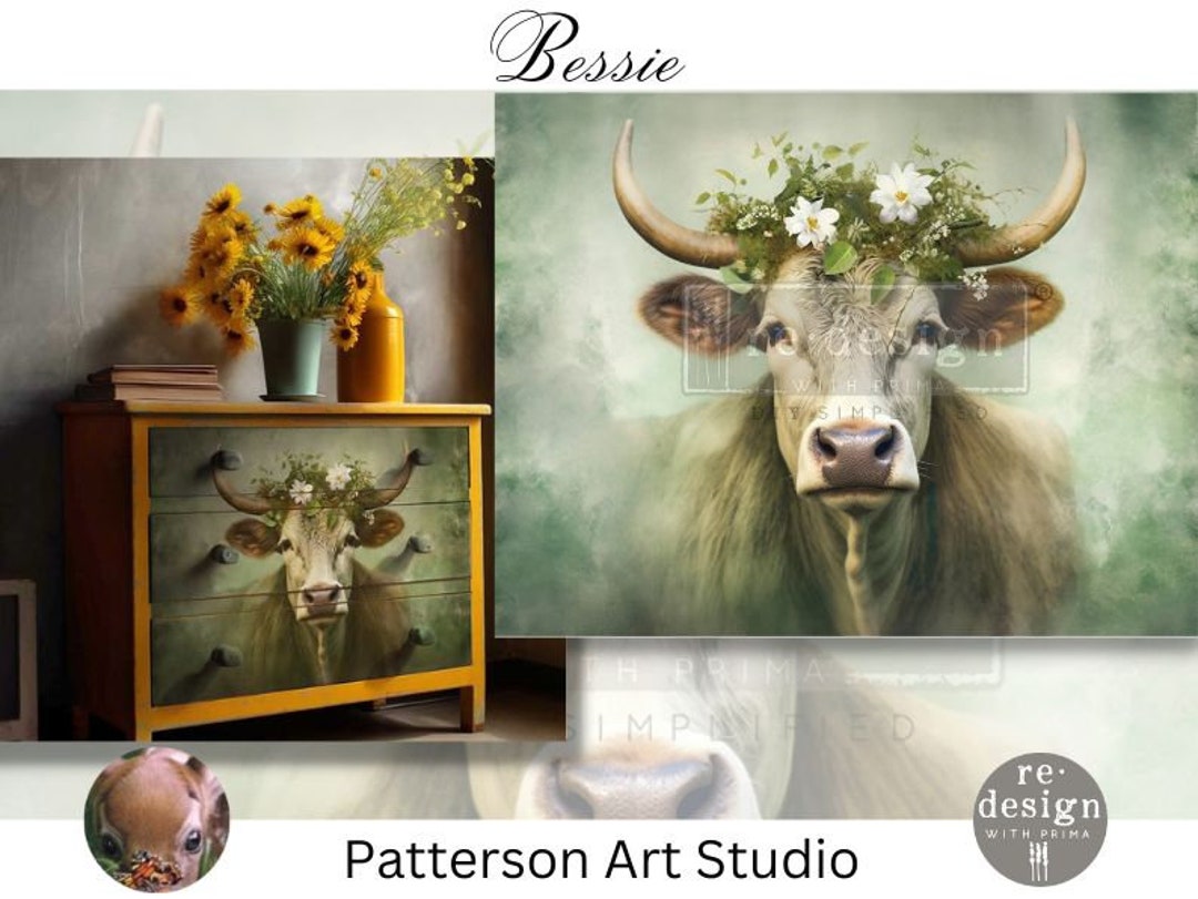 BESSIE New Redesign With Prima Cow Flower Country Farmhouse A1 Decoupage Fiber Fine Art Decor ...