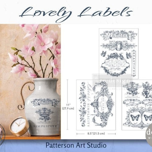 New! LOVELY LABELS - Redesign with Prima Blue Rub on Mid Sized Middy Transfer for furniture decal  - Lovely Labels - Three 8.5" x 11" Sheets
