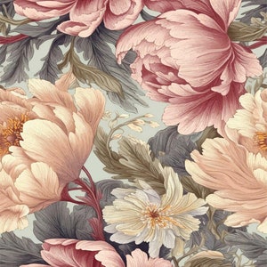 May include: A floral pattern featuring large, detailed peony blooms in shades of pink, peach, and cream, with accents of gray-green foliage. The design has a vintage, watercolor aesthetic, perfect for fabric or wallpaper.
