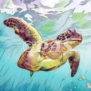 May include: A sea turtle swims underwater with its flippers outstretched. The turtle is brown and yellow with a green shell. The background is a blue and green watercolor-like pattern.