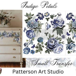 INDIGO PETALS - New!  Redesign with Prima - Rub on Small Transfer for furniture - Flower and Butterfly Transfer decal  18" x 12"