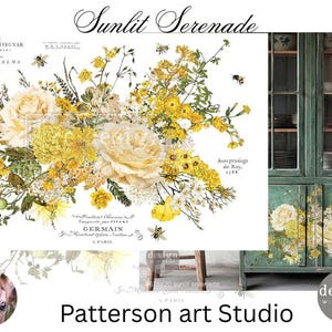 SUNLIT SERENADE - Rub on Furniture Transfer, Redesign with Prima, Large Floral Decor Transfer in Yellow Floral  Decal 24&quot; x35&quot; four sheets