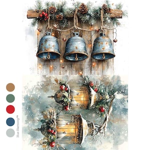 May include: A watercolour illustration of festive decorations. Three blue bells hang from a wooden beam decorated with pine boughs, pine cones, and red berries. Below, two ornate lanterns with lit candles are surrounded by greenery and berries.