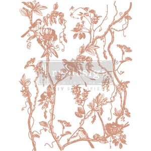 May include: A decorative transfer sheet with a delicate design of birds, flowers, and vines in a warm peach color. The design is perfect for adding a touch of vintage charm to furniture, walls, or other surfaces.