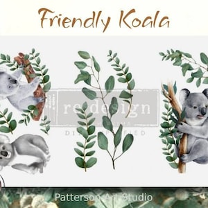 May include: Three watercolor illustrations of koalas on eucalyptus branches. The koalas are gray and have large, black eyes. The eucalyptus branches are green and have leaves. The text "Friendly Koala" is at the top of the image. The text "Patterson Art Studio" is at the bottom of the image.