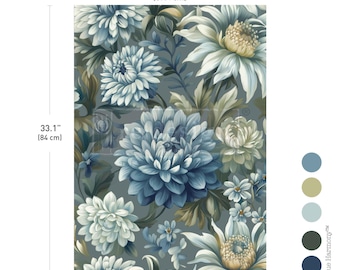 MYSTIC BLUE FLORALS - New A1 Blue floral Decoupage Fiber Paper -  Blossom Furniture Decor Paper - 23.4"x33.1"