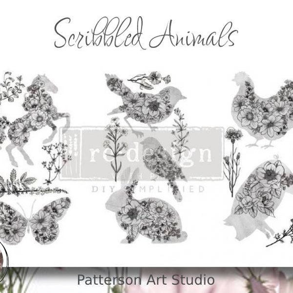 SCRIBBLED ANIMALS - Redesign with Prima - Rub on Small Transfer for Furniture decal - Scribbled Animals "12" x 18"