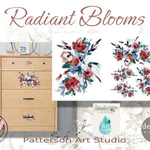 May include: A set of four watercolor floral decals featuring a vibrant red, pink, and blue color scheme. The decals are labeled "Radiant Blooms" and are designed for use with water-based transfers. The decals are shown on a wooden dresser with drawers.