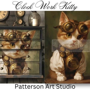 May include: A vintage-style chest of drawers with four drawers features a decoupage design of a cat wearing goggles and a steampunk-inspired outfit. The dresser is painted in a dark brown colour and has a distressed finish. The cat is looking directly at the viewer. The text "Clock Work Kitty" is written in a decorative font above the image. The text "Patterson Art Studio" is written below the image.