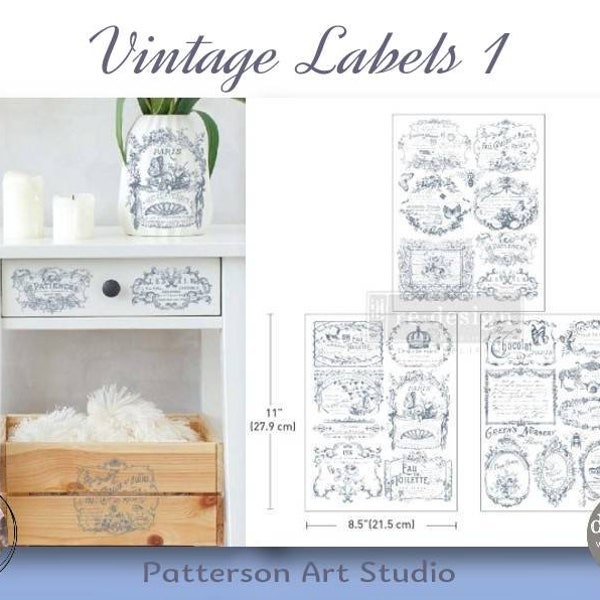 New! VINTAGE LABELS 1 - Redesign with Prima Rub on Mid Size Middy Transfer for furniture decal  - Vintage Labels 1 - (3) 8.5" x 11" Sheets