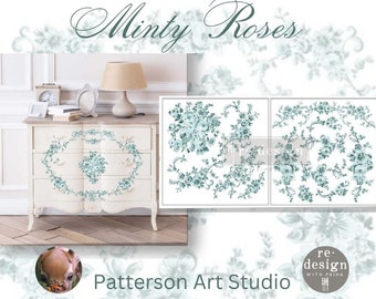 New! MINTY ROSES - Redesign with Prima Rub on new Maxi Sized Transfer furniture decal - Minty Roses - Two 12" x 12" Sheets
