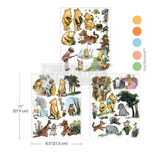 May include: Three sheets of Winnie the Pooh themed stickers. The stickers feature illustrations of Winnie the Pooh, Tigger, Piglet, Eeyore, and other characters. The sheets measure 27.9 cm by 21.5 cm.