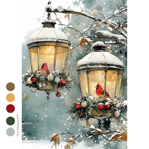 May include: Watercolor painting of two snow-covered lanterns with lit interiors. Each lantern has a red cardinal perched on a decorative wreath with red and white ornaments. The background is a snowy, winter scene.