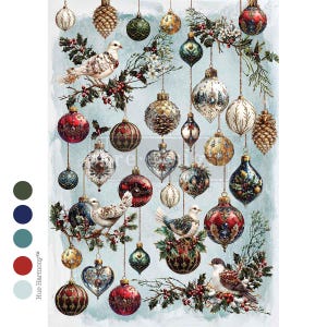 May include: A selection of vintage Christmas baubles in red, gold, green, and blue, with detailed patterns. The image includes doves and pinecones, creating a festive holiday theme. The baubles are in various shapes, perfect for seasonal decorations.