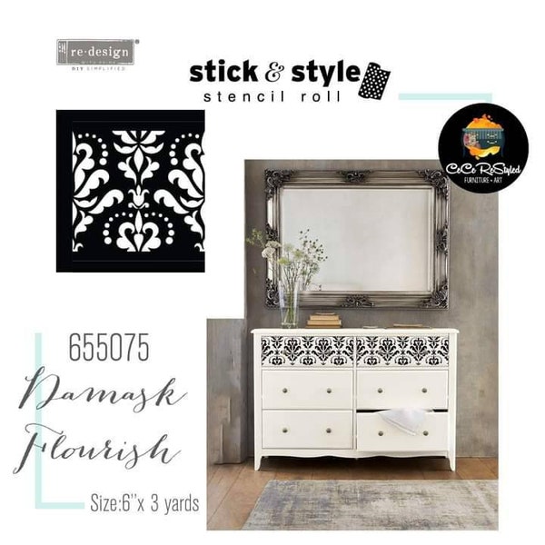 DAMASK FLOURISH Redesign with Prima - Reusable Furniture Stick and Style Decor Stencil Roll -  7" x 5 Yardss