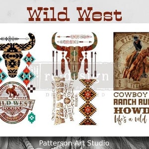 Peut inclure: Un collage numérique d'images sur le thème du Far West. Le collage comprend un crâne de taureau avec un motif géométrique, un cowboy à cheval, un logo de compétition de rodéo et un motif géométrique avec des couleurs rouge, orange et bleu. Le texte "Wild West" est en haut du collage. Le texte "Cowboy Up Ranch Rules Howdy Life's a wild ride" est en bas du collage.