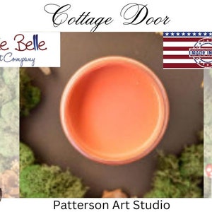 May include: A small jar of orange paint with the text "Cottage Door" above it and "Dixie Belle Paint Company" to the left. The jar is sitting on a brown surface with green moss around it. The text "Patterson Art Studio" is below the jar.