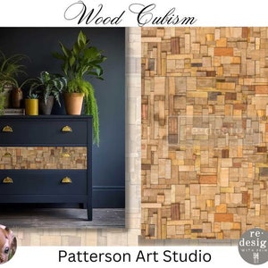 May include: A dark blue dresser with three drawers, each with gold handles. The top drawer has a wood-look pattern. The dresser is in front of a wall with a wood-look pattern. The text "Wood Cubism" is at the top of the image. The text "Patterson Art Studio" is at the bottom of the image.