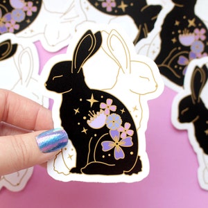 Adesivo de coelho com flores Adesivo para laptop Animal com flores Adesivo de animal Preto e branco Yin e yang Adesivo de coelho Floral Coelho preto