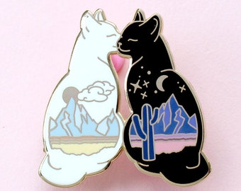 Desert cat enamel pin Black and white cat Feline gift Two cats pin Cats cuddling Desert scene Adventure cat Black cat pin Celestial cat