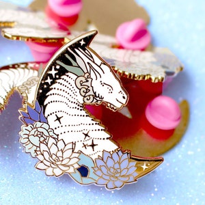 Dragon enamel pin Dragons Mythical pin Constellation Faerie dragon Fantasy enamel pins Fantasy pins Feminine dragon White Floral dragon