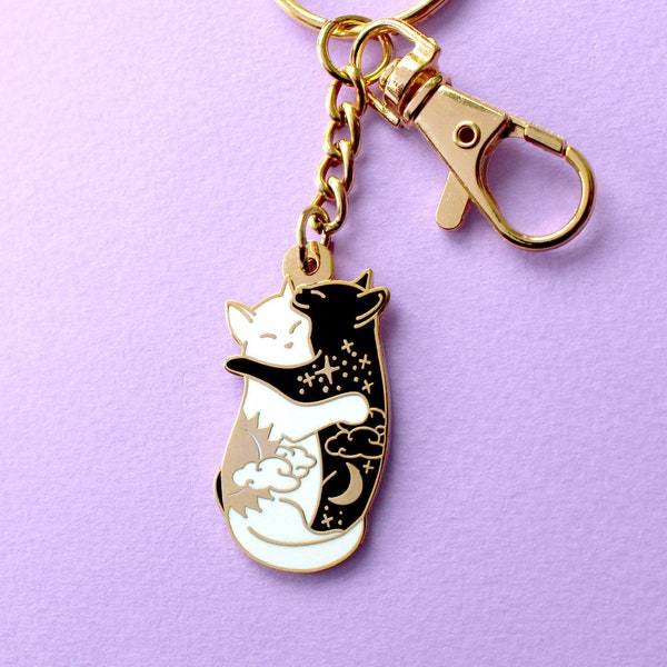 Tag & Nacht umarmt Katze Keychain Yin Yang Katze Mond Schlüsselanhänger Netter keychain Katzenliebhaber Weihnachtsgeschenk-Katzendame Geschenke Konstellation schwarze Katze